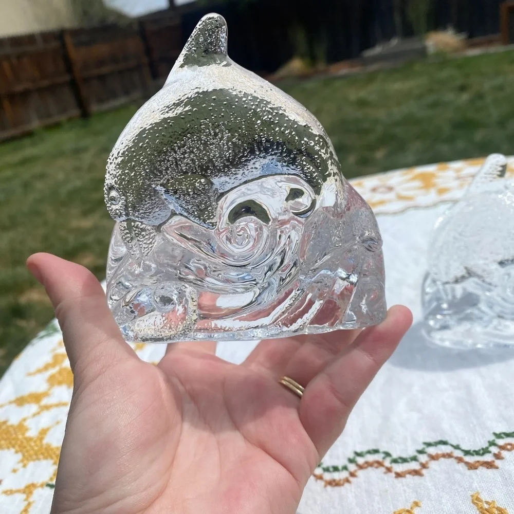 Glass dolphin and wave tea light candle holder